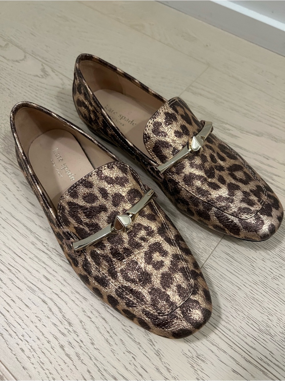 kate spade Metallic Leopard Print Loafers in Brown and Gold